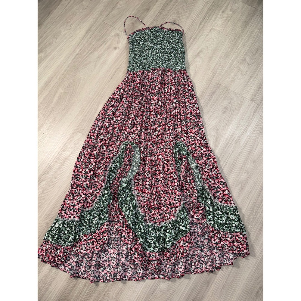 Free People Smocked Floral Maxi Dress Pink Green Boho Ruffle Tiered Medium - Picture 2 of 12
